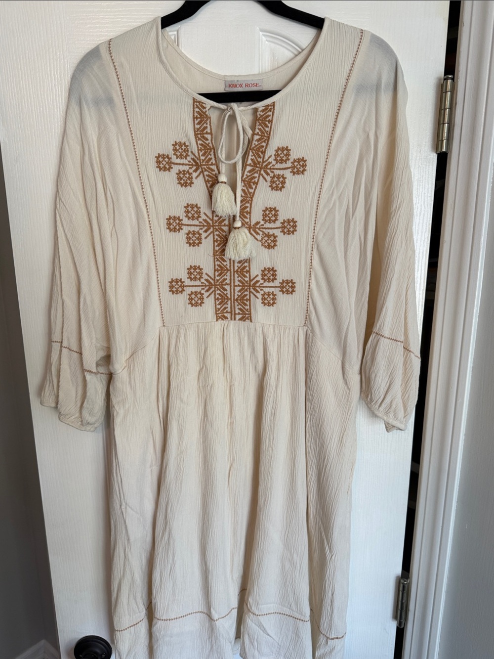 Knox Rose Cream Boho Dress with Tan Embroidery and Tassels